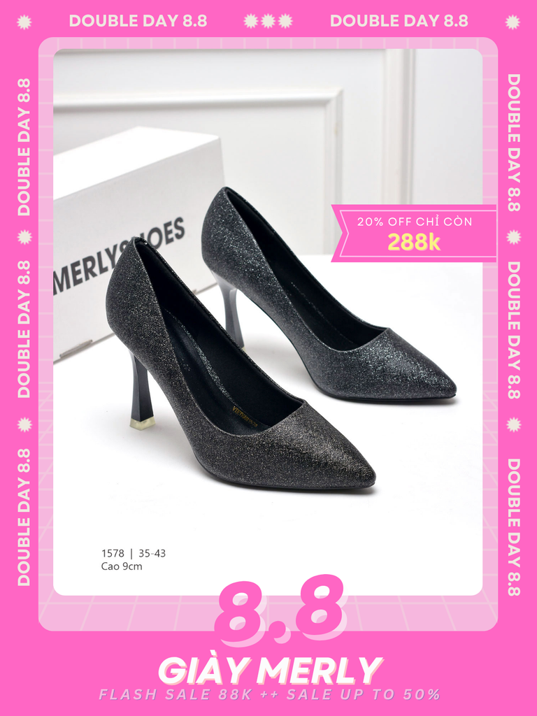 Giày Cao Gót Mũi Nhọn 9cm Big Size 35-43 Merly 1578 Màu Đen Ánh Nhũ Thích Hợp Đi Tiệc Hoặc Làm Giày Đi Tiệc