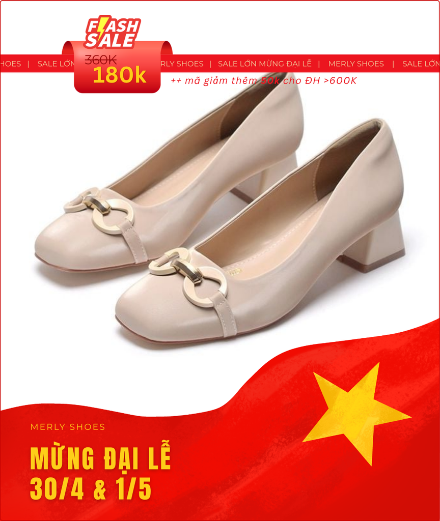 Giày Cao Gót Mũi Vuông Đế Thấp 3cm Khóa GC Sang Trọng Merly 1581-3p Màu Kem Nâu (Nude), Giày Cao Gót Bigsize, Giày Bít Mũi Nữ, Giày Công Sở Nữ Êm Chân, Giày Mũi Vuông