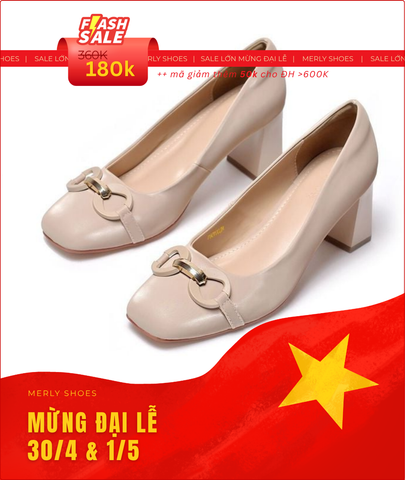 Giày Cao Gót Mũi Vuông Đế Vuông 6cm Khóa Ngang Merly 1581-6p Màu Kem Nâu (Nude), Giày Cao Gót Big Size 35-43, Giày Bít Mũi Nữ, Giày Công Sở Nữ, Giày Mũi Vuông Da Microfiber Mềm Mát & Chống Bám Bẩn Cao, Giày Cao Gót Big Size