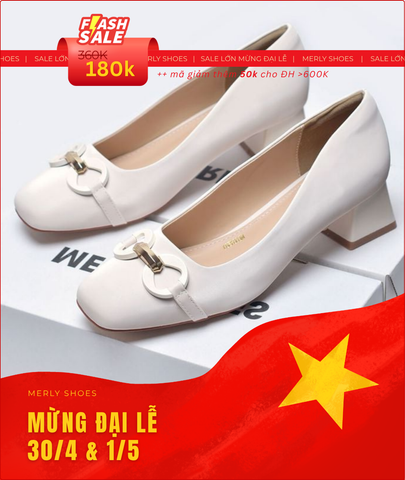 Giày Cao Gót Mũi Vuông Đế Thấp 3cm Khóa GC Sang Trọng Merly 1581-3p Màu Trắng Ngà, Giày Cao Gót Bigsize, Giày Bít Mũi Nữ, Giày Công Sở Nữ Êm Chân, Giày Mũi Vuông