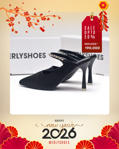 Giày Cao Gót Đen Mũi Nhọn Sục 9cm Đính Đá Lấp Lánh Merly 1582 Đen Vải Jean, Giày Mặc Quần Ống Rộng & Váy Dáng Dài, Giày Đi Tiệc, Giày Đi Đám Cưới, Giày Cao Gót Mũi Nhọn Bigsize 35-43