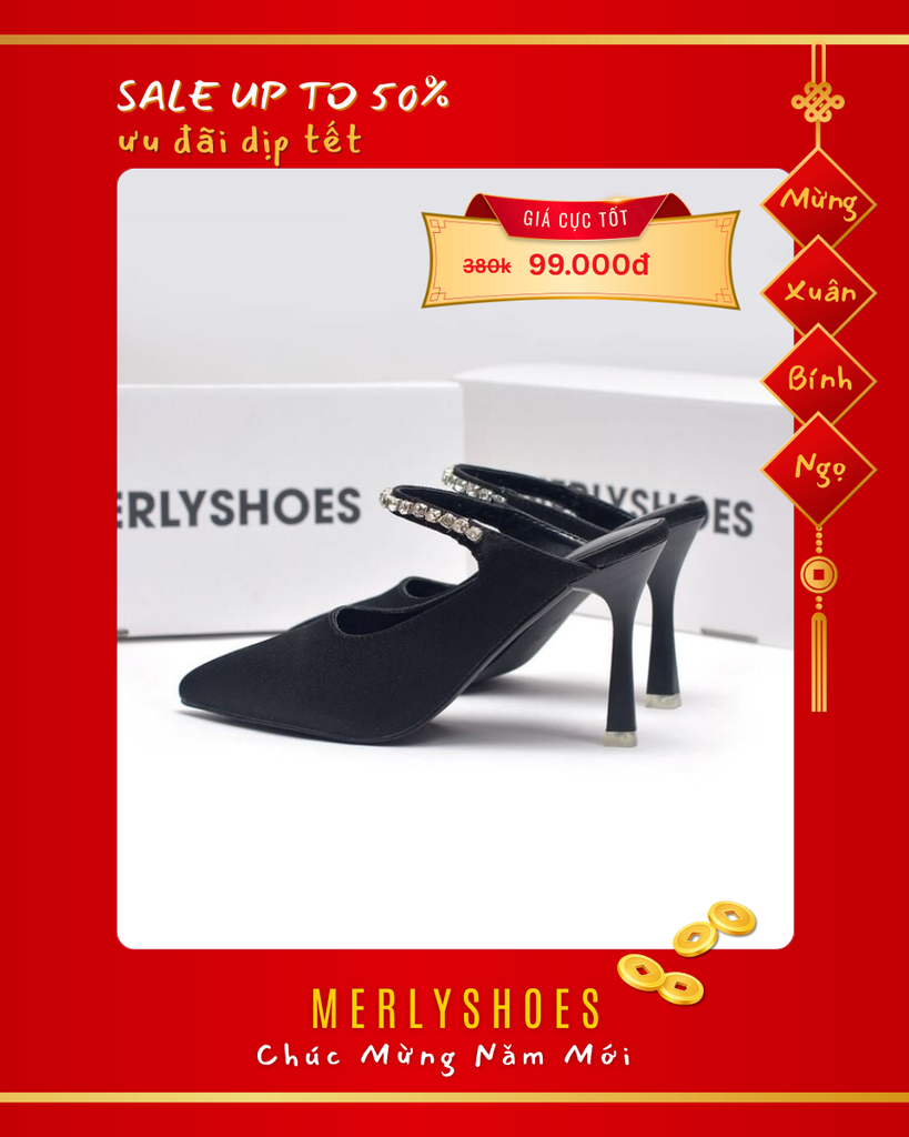 Giày Cao Gót Đen Mũi Nhọn Sục 9cm Đính Đá Lấp Lánh Merly 1582 Đen Vải Jean, Giày Mặc Quần Ống Rộng & Váy Dáng Dài, Giày Đi Tiệc, Giày Đi Đám Cưới, Giày Cao Gót Mũi Nhọn Bigsize 35-43