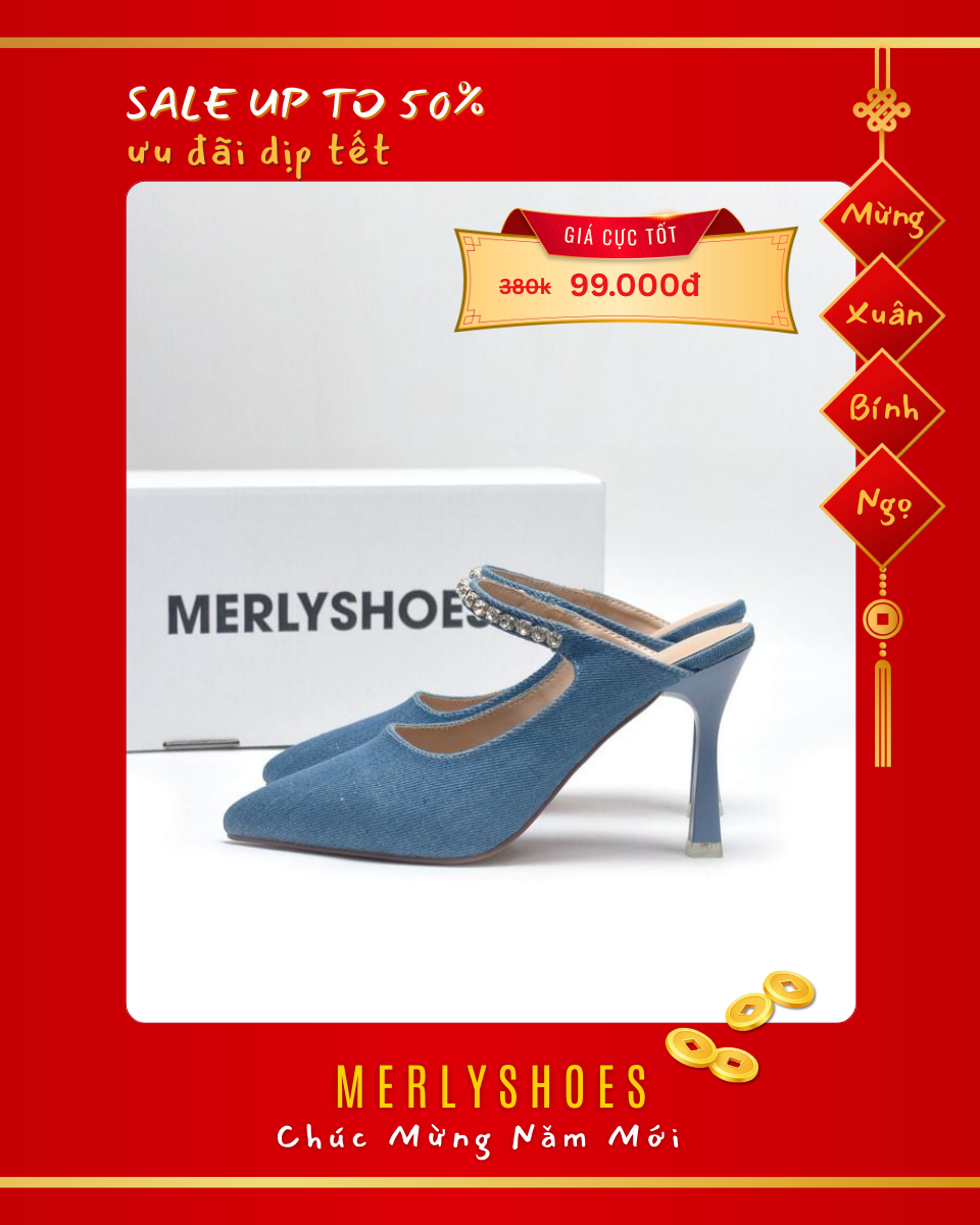 Giày Cao Gót Xanh Jean 9cm Đính Đá Lấp Lánh Merly 1582 35-43, Giày Mặc Quần Jean Ống Rộng, Giày Đi Tiệc, Giày Đi Đám Cưới, Giày Cao Gót Mũi Nhọn