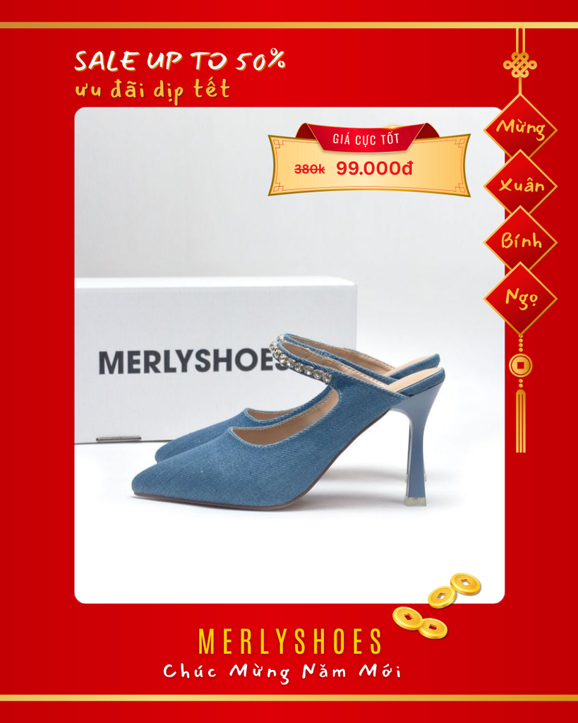 Giày Cao Gót Xanh Jean 9cm Đính Đá Lấp Lánh Merly 1582 35-43, Giày Mặc Quần Jean Ống Rộng, Giày Đi Tiệc, Giày Đi Đám Cưới, Giày Cao Gót Mũi Nhọn