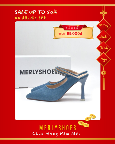 Giày Cao Gót Xanh Jean 9cm Đính Đá Lấp Lánh Merly 1582 35-43, Giày Mặc Quần Jean Ống Rộng, Giày Đi Tiệc, Giày Đi Đám Cưới, Giày Cao Gót Mũi Nhọn