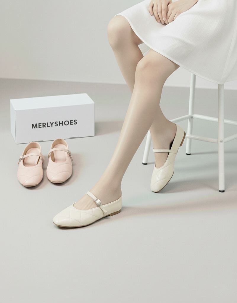 [New Color] Giày Sục Nữ Quai Ngang Mũi Vuông Chần Chỉ Trám Merly 1584 Trắng Hồng Bigsize 35-43, Giày Búp Bê Trắng, Giày Bít Mũi Hở Gót Đế Cao Su Chống Trơn, Giày Bệt Nữ, Giày Dép Nữ Big Size