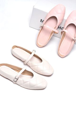 [New Color] Giày Sục Nữ Quai Ngang Mũi Vuông Chần Chỉ Trám Merly 1584 Trắng Hồng Bigsize 35-43, Giày Búp Bê Trắng, Giày Bít Mũi Hở Gót Đế Cao Su Chống Trơn, Giày Bệt Nữ, Giày Dép Nữ Big Size