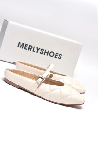 Giày Sục Nữ Quai Ngang Mũi Vuông Chần Chỉ Trám Merly 1584 Trắng Hồng