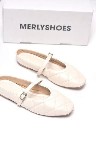 [New Color] Giày Sục Nữ Quai Ngang Mũi Vuông Chần Chỉ Trám Merly 1584 Trắng Hồng Bigsize 35-43, Giày Búp Bê Trắng, Giày Bít Mũi Hở Gót Đế Cao Su Chống Trơn, Giày Bệt Nữ, Giày Dép Nữ Big Size