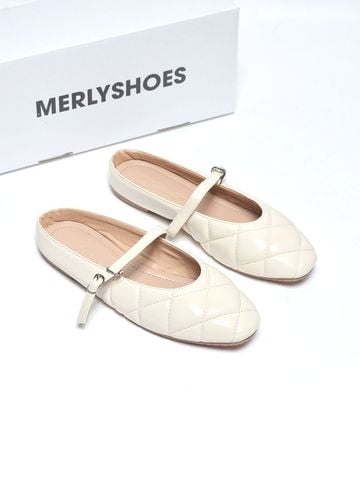 Giày Sục Nữ Bệt Merly 1584 Kem Ivory, Giày Búp Bê Quai Ngang Mũi Vuông Chần Chỉ Trám, Giày Bệt Nữ Bít Mũi Đế Cao Su Chống Trơn, Giày Dép Nữ Big Size