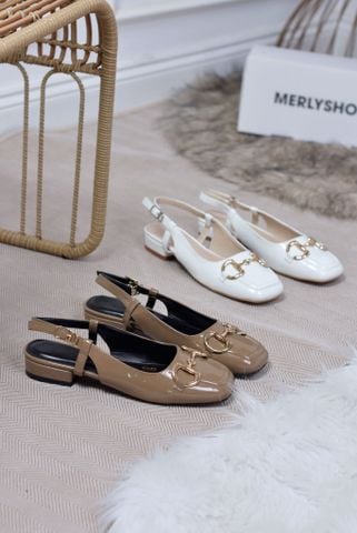 Giày Búp Bê Mũi Vuông Nâu Sữa Sang Chảnh Merly 1585-2P Đế Thấp 2cm Khoá GC, Sandal Bít Mũi Hở Gót Bigsize 35-43, Giày Bệt Nữ, Giày Slingback, Giày Đế Vuông