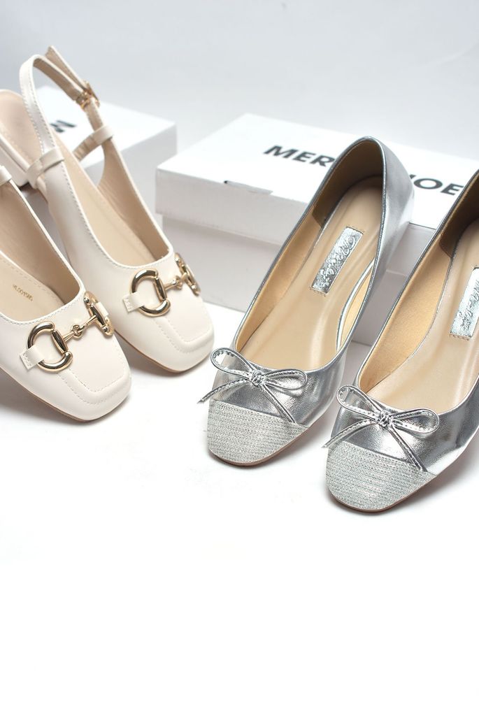 [Best Seller] Giày Búp Bê Nữ Bạc Lấp Lánh Mũi Vuông Nơ Merly 1202 Bigsize 35-43, Giày Bệt Nữ, Giày Bít Mũi, Giày Búp Bê Blingbling