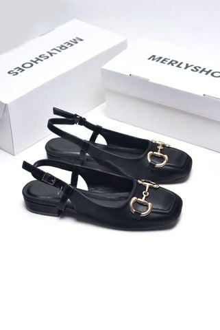 [Best Seller] Giày Bít Mũi Vuông Hở Gót Thấp 2cm Merly 1585-2P Đen Micro Khoá GC Bigsize 35-43, Giày Búp Bê Hở Gót, Giày Sục Nữ, Sandal Bít Mũi, Giày Bệt Nữ, Giày Slingback, Giày Đế Vuông