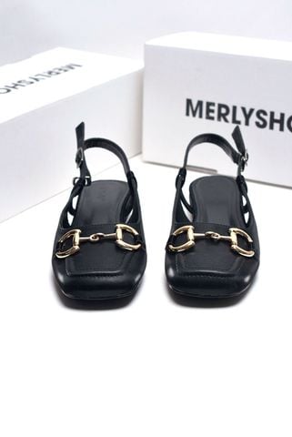 [Best Seller] Giày Bít Mũi Vuông Hở Gót Thấp 2cm Merly 1585-2P Đen Micro Khoá GC Bigsize 35-43, Giày Búp Bê Hở Gót, Giày Sục Nữ, Sandal Bít Mũi, Giày Bệt Nữ, Giày Slingback, Giày Đế Vuông