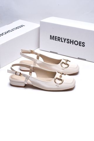 [Best Seller] Giày Bít Mũi Hở Gót Đế Vuông Thấp 2cm Merly 1585-2P Kem Micro Khoá GC Bigsize 35-43, Giày Búp Bê Hở Gót, Giày Sục Nữ, Sandal Bít Mũi, Giày Bệt Nữ, Giày Slingback, Giày Đế Vuông