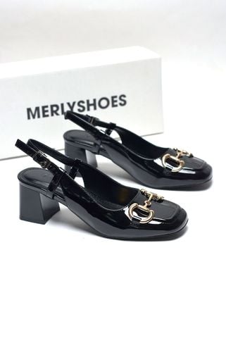 Giày Cao Gót Đen Bóng Gót Vuông 5cm Merly 1585-5P Mũi Vuông Khóa GC, Giày Cao Gót Đế Vuông, Giày Cao Gót Bigsize, Slingback, Giày Đi Tiệc, Giày Công Sở Nữ