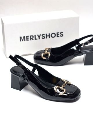 Giày Cao Gót Đen Bóng Gót Vuông 5cm Merly 1585-5P Mũi Vuông Khóa GC, Giày Cao Gót Đế Vuông, Giày Cao Gót Bigsize, Slingback, Giày Đi Tiệc, Giày Công Sở Nữ
