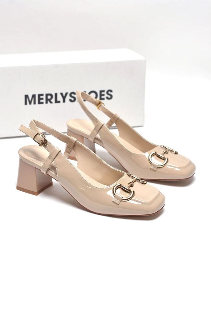 Giày Cao Gót Nude Bóng Gót Vuông 5cm Merly 1585-5P Kem Mũi Vuông Khóa GC, Giày Cao Gót Đế Vuông, Giày Cao Gót Bigsize, Slingback, Giày Đi Tiệc, Giày Công Sở Nữ