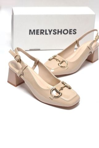 Giày Cao Gót Nude Bóng Gót Vuông 5cm Merly 1585-5P Kem Mũi Vuông Khóa GC, Giày Cao Gót Đế Vuông, Giày Cao Gót Bigsize, Slingback, Giày Đi Tiệc, Giày Công Sở Nữ