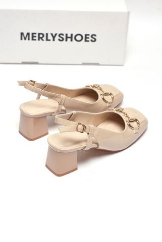 Giày Cao Gót Nude Bóng Gót Vuông 5cm Merly 1585-5P Kem Mũi Vuông Khóa GC, Giày Cao Gót Đế Vuông, Giày Cao Gót Bigsize, Slingback, Giày Đi Tiệc, Giày Công Sở Nữ