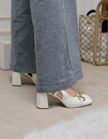 [Best Seller] Giày Cao Gót Trắng Bóng Merly 1585-7P Mũi Vuông Khóa GC Đế Vuông 7cm Big Size 35-43, Slingback, Giày Đi Tiệc, Giày Công Sở Nữ