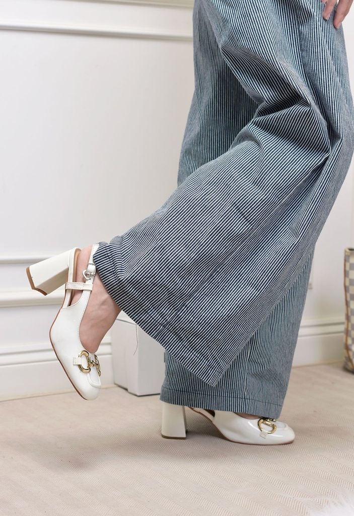 [Best Seller] Giày Cao Gót Trắng Bóng Merly 1585-7P Mũi Vuông Khóa GC Đế Vuông 7cm Big Size 35-43, Slingback, Giày Đi Tiệc, Giày Công Sở Nữ