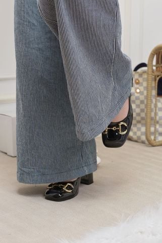 Giày Cao Gót Đen Bóng Merly 1585-7P Mũi Vuông Khóa GC Đế Vuông 7cm Big Size 35-43, Slingback, Giày Đi Tiệc, Giày Công Sở Nữ