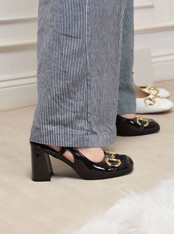 Giày Cao Gót Đen Bóng Merly 1585-7P Mũi Vuông Khóa GC Đế Vuông 7cm Big Size 35-43, Slingback, Giày Đi Tiệc, Giày Công Sở Nữ
