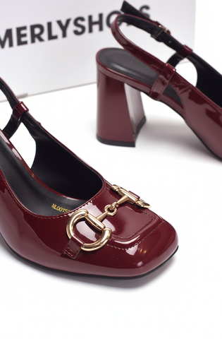 Giày Cao Gót Đỏ Bóng Merly Mũi Vuông Hở Gót, Giày Cao Gót Đỏ Bigsize