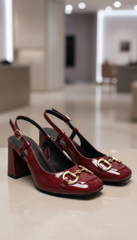 [New Color] Giày Cao Gót Đỏ Bóng Merly 1585-7P Mũi Vuông Khóa GC, Đế Vuông 7cm Size 35-43, Giày Cao Gót Slingback, Giày Đi Tiệc, Giày Công Sở Nữ, Giày Cao Gót Mặc Áo Dài