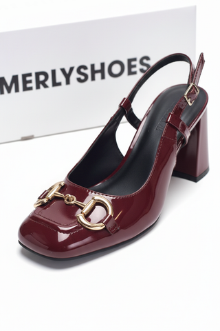 [New Color] Giày Cao Gót Đỏ Bóng Merly 1585-7P Mũi Vuông Khóa GC, Đế Vuông 7cm Size 35-43, Giày Cao Gót Slingback, Giày Đi Tiệc, Giày Công Sở Nữ, Giày Cao Gót Mặc Áo Dài