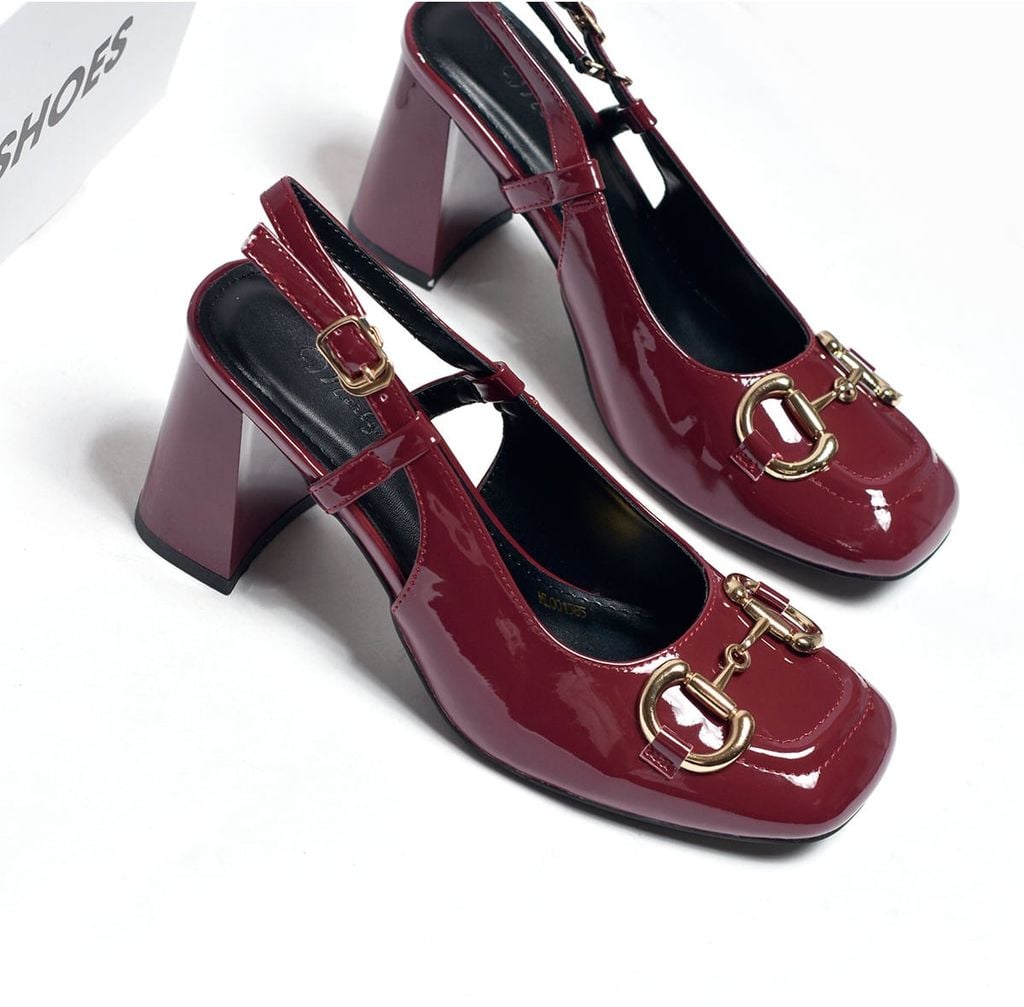 Giày Cao Gót Đỏ Bóng Merly 1585-7P Mũi Vuông Khóa GC, Đế Vuông Cao 7cm Size 35-43, Giày Cao Gót Slingback, Giày Đi Tiệc, Giày Công Sở Nữ, Giày Cao Gót Mặc Áo Dài