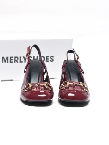 Giày Cao Gót Đỏ Bóng Merly 1585-7P Mũi Vuông Khóa GC, Đế Vuông Cao 7cm Size 35-43, Giày Cao Gót Slingback, Giày Đi Tiệc, Giày Công Sở Nữ, Giày Cao Gót Mặc Áo Dài