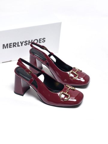 Giày Cao Gót Đỏ Bóng Merly 1585-7P Mũi Vuông Khóa GC, Đế Vuông Cao 7cm Size 35-43, Giày Cao Gót Slingback, Giày Đi Tiệc, Giày Công Sở Nữ, Giày Cao Gót Mặc Áo Dài