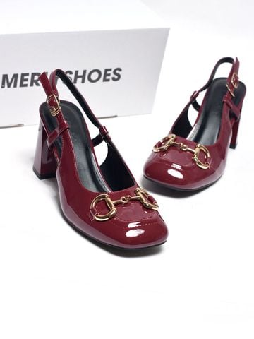 Giày Cao Gót Đỏ Bóng Merly 1585-7P Mũi Vuông Khóa GC, Đế Vuông Cao 7cm Size 35-43, Giày Cao Gót Slingback, Giày Đi Tiệc, Giày Công Sở Nữ, Giày Cao Gót Mặc Áo Dài