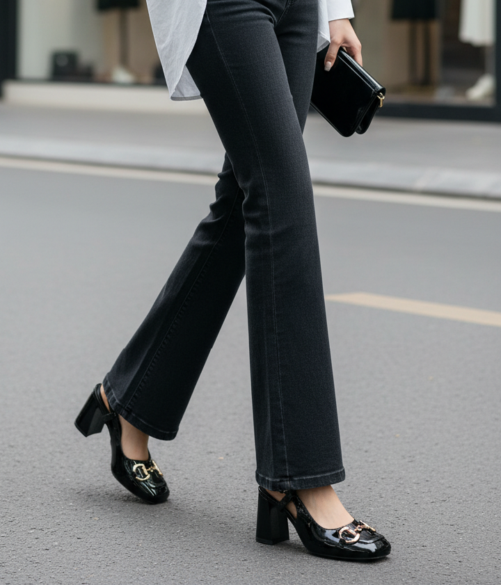 [Best Seller] Giày Cao Gót Đen Bóng Merly 1585-8P Mũi Vuông Khóa GC Đế Vuông 7cm Big Size 35-43, Slingback, Giày Đi Tiệc, Giày Công Sở Nữ