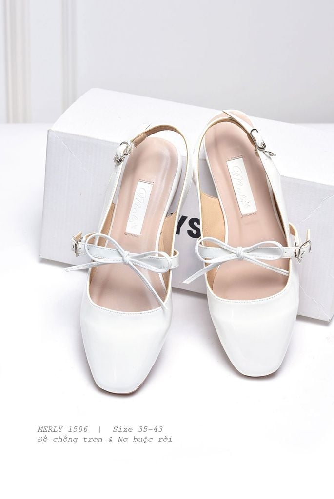 Giày Búp Bê Tiểu Thư Buộc Nơ, Giày Cưới Bệt, Giày Nữ Merly 1586 Trắng, Giày Nữ Big Size 35-43, Giày Búp Bê Quai Ngang, Giày Bệt Nữ, Giày Búp Bê Trắng
