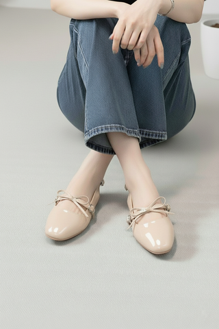 [New Color] Giày Búp Bê Tiểu Thư Buộc Nơ Merly 1586 Kem Bóng, Giày Nữ Big Size 35-43, Giày Búp Bê Quai Ngang, Giày Bệt Nữ, Giày Búp Bê Màu Nude