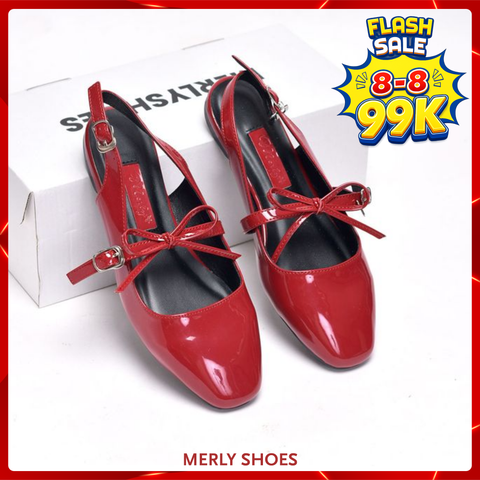Giày Búp Bê Đỏ Tiểu Thư Buộc Nơ Merly 1586, Giày Bệt Nữ, Giày Nữ Big Size 35-43, Giày Búp Bê Quai Ngang, Giày Mũi Vuông, Giày Nữ Tết 2025