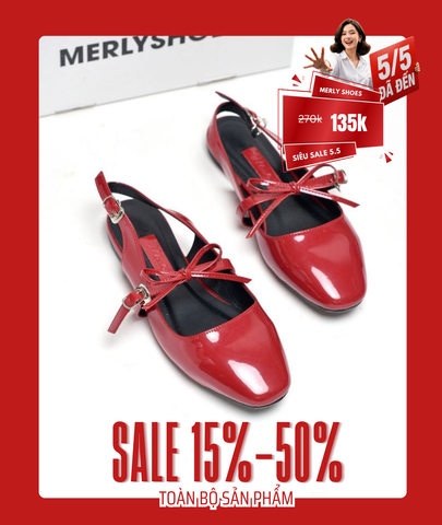 Giày Búp Bê Đỏ Tiểu Thư Buộc Nơ Merly 1586, Giày Bệt Nữ, Giày Nữ Big Size 35-43, Giày Búp Bê Quai Ngang, Giày Mũi Vuông, Giày Nữ Tết 2025