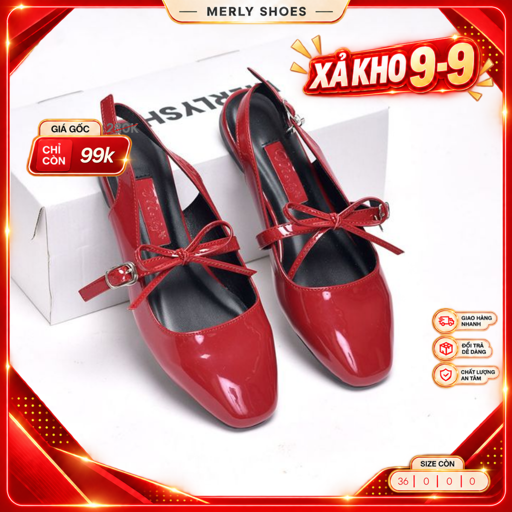 Giày Búp Bê Đỏ Tiểu Thư Buộc Nơ Merly 1586, Giày Bệt Nữ, Giày Nữ Big Size 35-43, Giày Búp Bê Quai Ngang, Giày Mũi Vuông, Giày Nữ Tết 2025