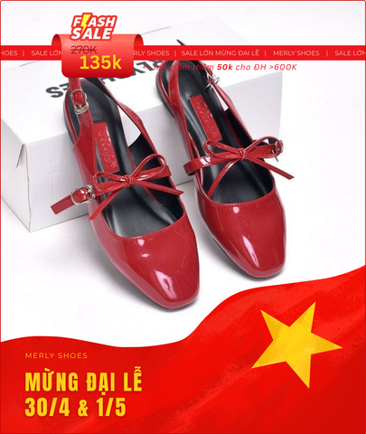 Giày Búp Bê Đỏ Tiểu Thư Buộc Nơ Merly 1586, Giày Bệt Nữ, Giày Nữ Big Size 35-43, Giày Búp Bê Quai Ngang, Giày Mũi Vuông, Giày Nữ Tết 2025
