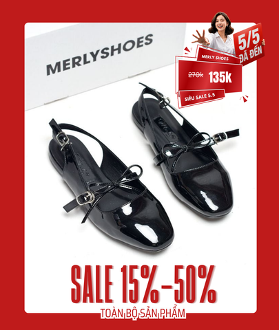 Giày Búp Bê Tiểu Thư Buộc Nơ Merly 1586 Đen, Giày Nữ Big Size 35-43, Giày Búp Bê Quai Ngang, Giày Bệt Nữ, Giày Búp Bê Đen
