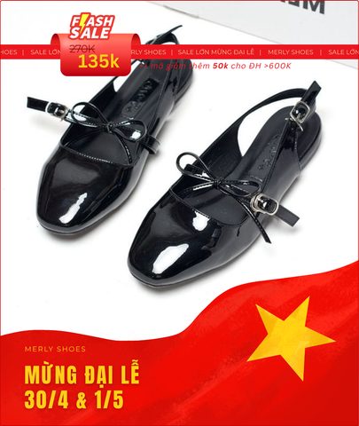 Giày Búp Bê Tiểu Thư Buộc Nơ Merly 1586 Đen, Giày Nữ Big Size 35-43, Giày Búp Bê Quai Ngang, Giày Bệt Nữ, Giày Búp Bê Đen