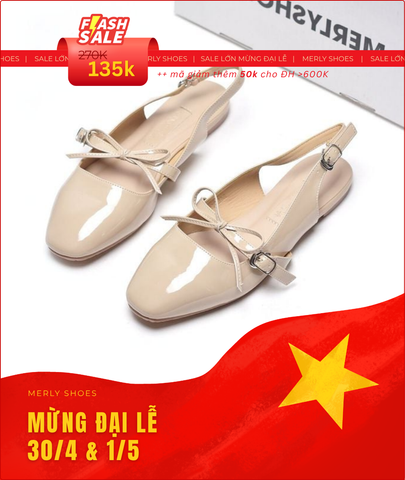 [New Color] Giày Búp Bê Tiểu Thư Buộc Nơ Merly 1586 Kem Bóng, Giày Nữ Big Size 35-43, Giày Búp Bê Quai Ngang, Giày Bệt Nữ, Giày Búp Bê Màu Nude