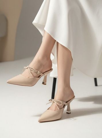 Giày Sục Cao Gót Mũi Nhọn Buộc Nơ