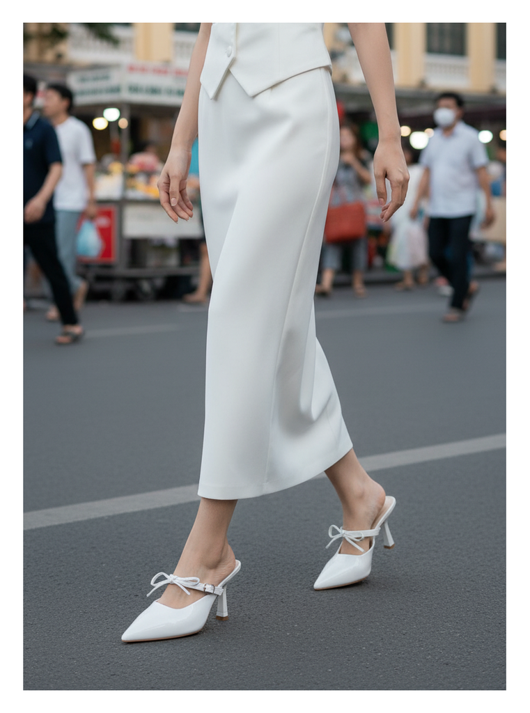 [Restock] Giày Cưới Cô Dâu, Sục Cao Gót Trắng Mũi Nhọn Quai Ngang Buộc Nơ Tiểu Thư Merly 1587 Trắng, Giày Cao Gót Bigsize, Giày Cao Gót Tiểu Thư, Giày Đi Tiệc, Giày Sục Cao Gót, Dép Cao Gót