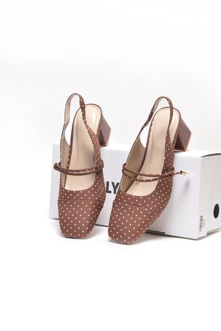 [New Arrivals] Giày Búp Bê Cao Gót Có Quai Ngang Đế Vuông 5cm Phong Cách Tiểu Thư Merly 1588 Nâu Chấm Bi, Giày Nữ Công Sở, Giày Mary Jane, Giày Cao Gót Big Size, Giày Slingback, Giày Chấm Bi