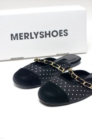 Dép Sục Nữ Quai Ngang Xích Merly 1589 Đen Chấm Bi Mềm Êm Mũi Tròn Bít Mũi, Giày Nữ Big Size 35-43, Giày Sục Bệt, Giày Sục Nữ