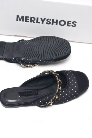 Dép Sục Nữ Quai Ngang Xích Merly 1589 Đen Chấm Bi Mềm Êm Mũi Tròn Bít Mũi, Giày Nữ Big Size 35-43, Giày Sục Bệt, Giày Sục Nữ